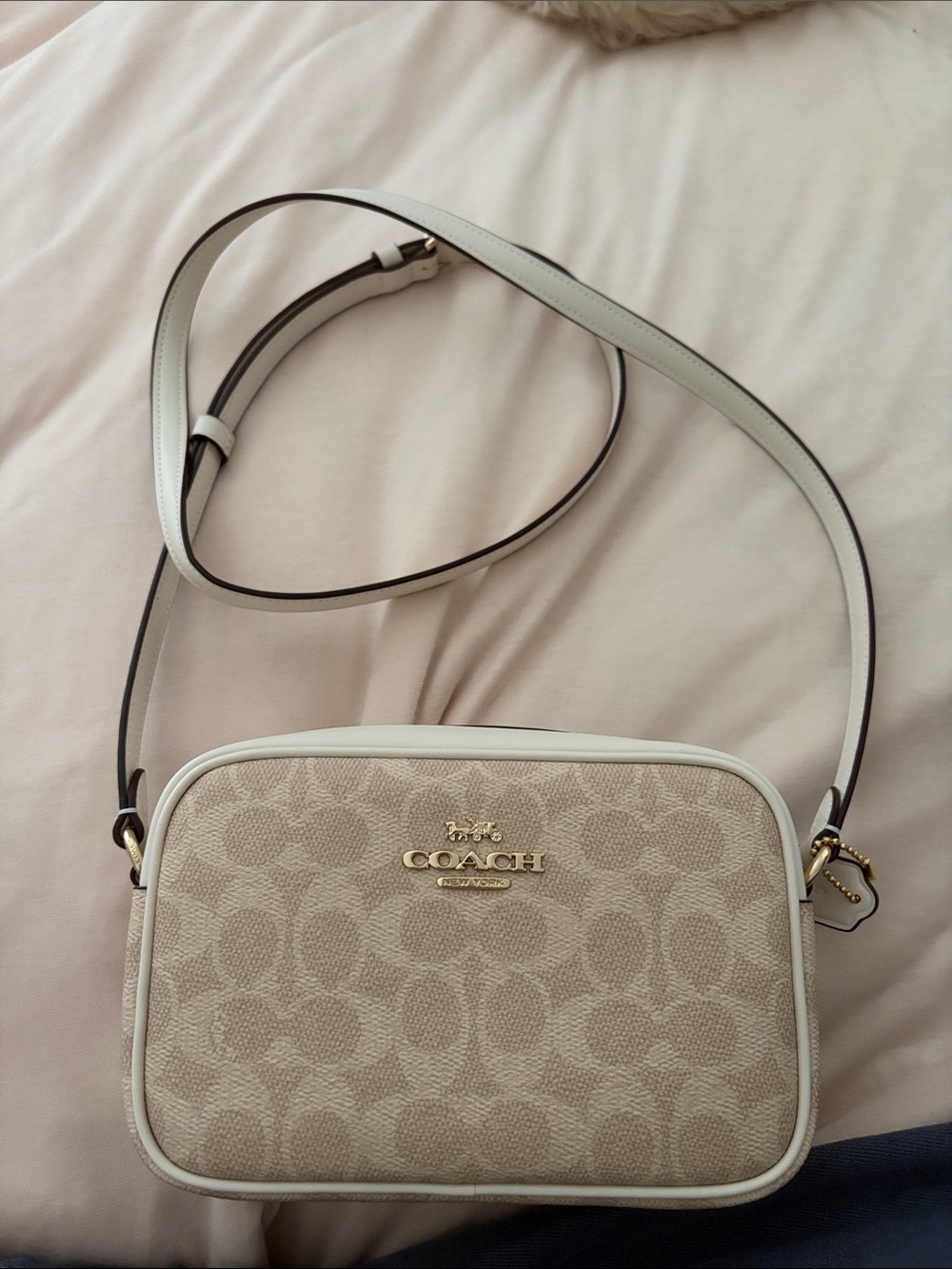Coach Beige Signature Monogram Crossbody with White Trim